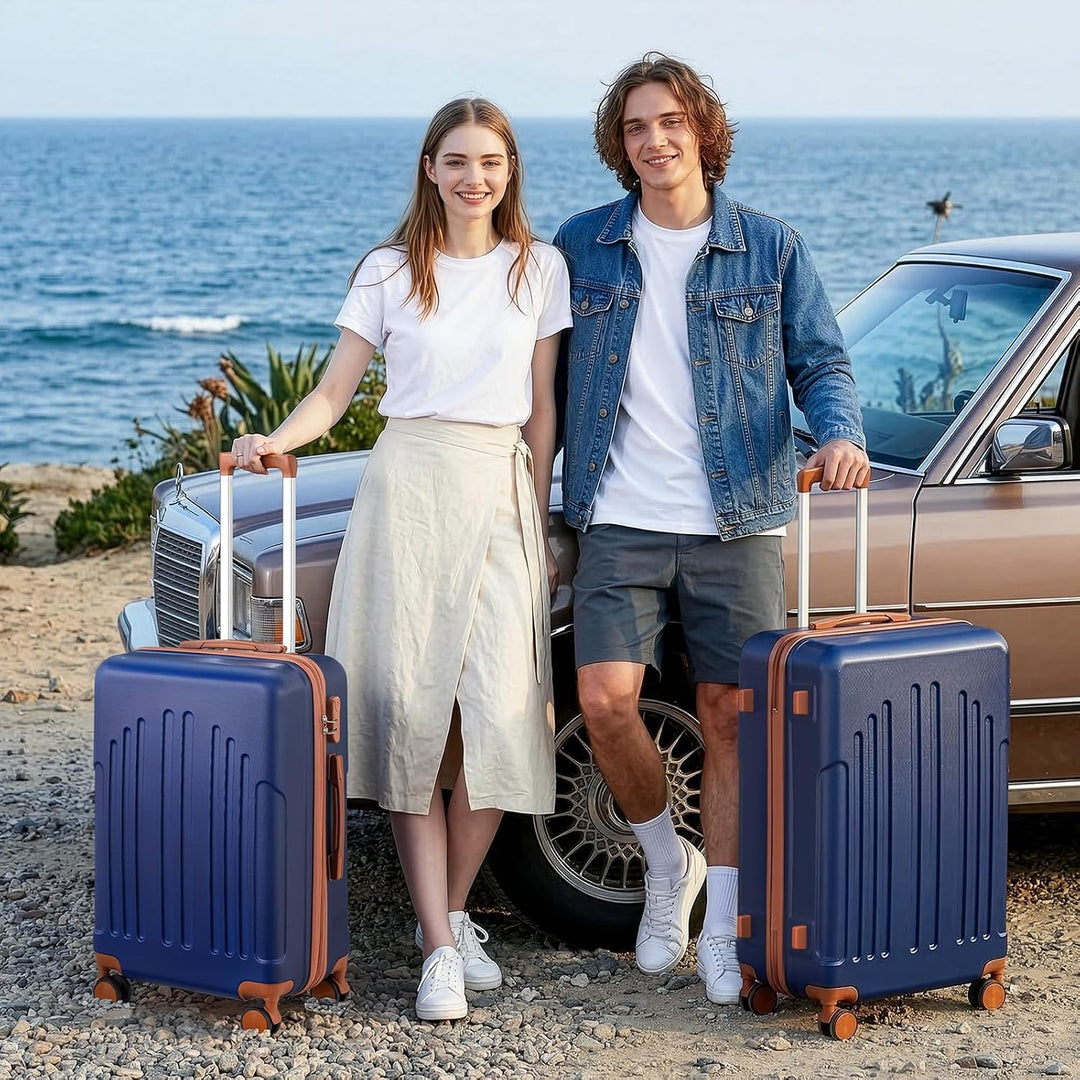 LALAHO Zwillingsrollen Reisekoffer Koffer Trolleys Hartschale M-L-XL-Set (Navy-Braun, L, 65CM) Navy-