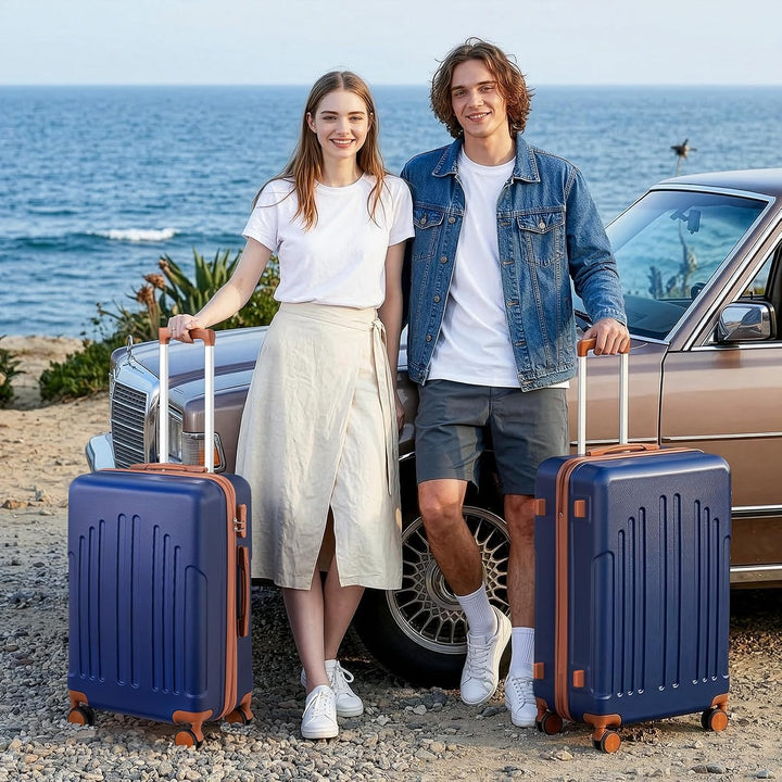 LALAHO Zwillingsrollen Reisekoffer Koffer Trolleys Hartschale M-L-XL-Set (Navy-Braun, L, 65CM) Navy-