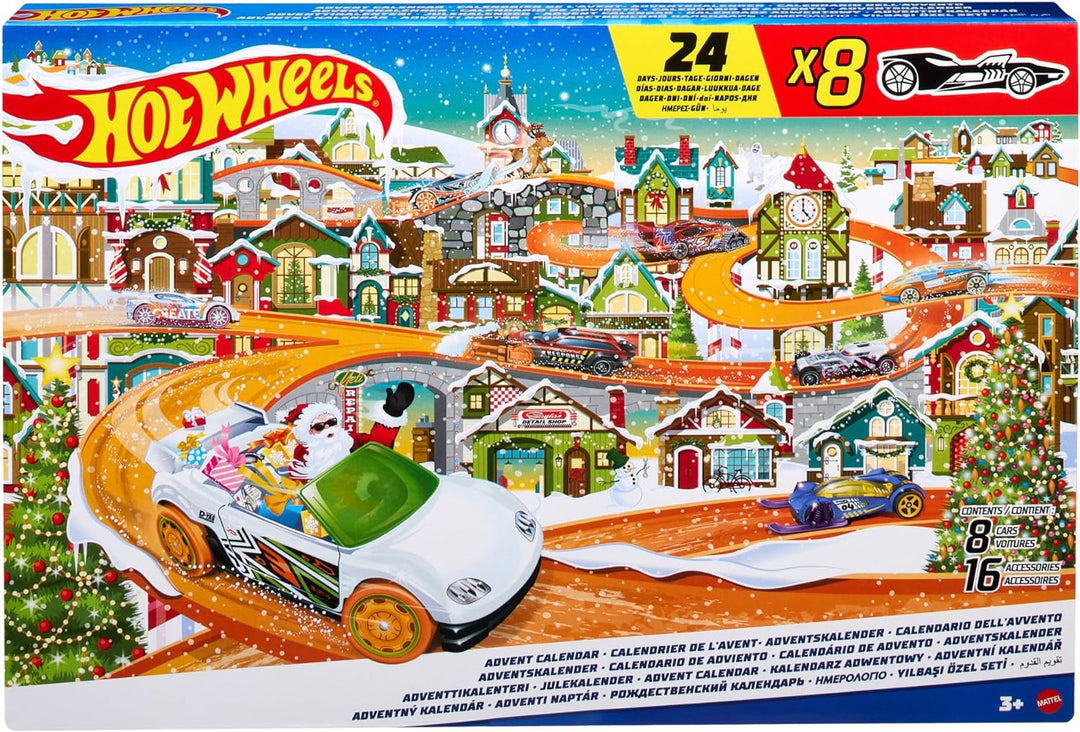 HOT WHEELS Adventskalender 2023 - 8 Hot Wheels Autos und 16 winterliche Zubehörteile hinter 24 numme