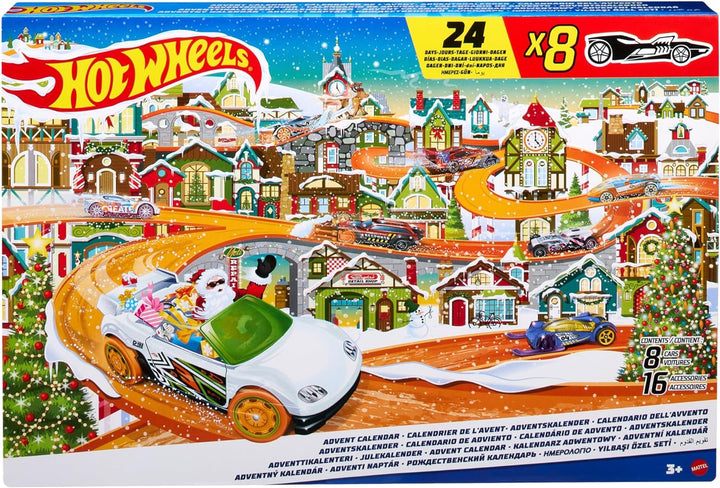 HOT WHEELS Adventskalender 2023 - 8 Hot Wheels Autos und 16 winterliche Zubehörteile hinter 24 numme