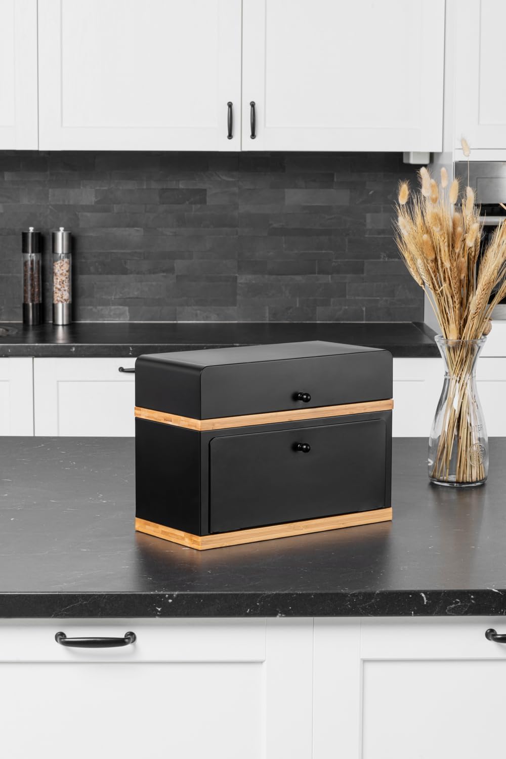 brotkasten schwarz - 2 Etagen Brotbox Metall Holz, Brotaufbewahrung für Küche, Brotbox mit Metall Br