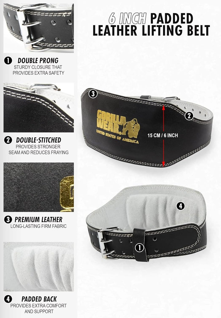 Gorilla Wear - 6 Inch Padded Leather Lifting Belt - Braun - Bodybuilding Krafttraining Gym Training