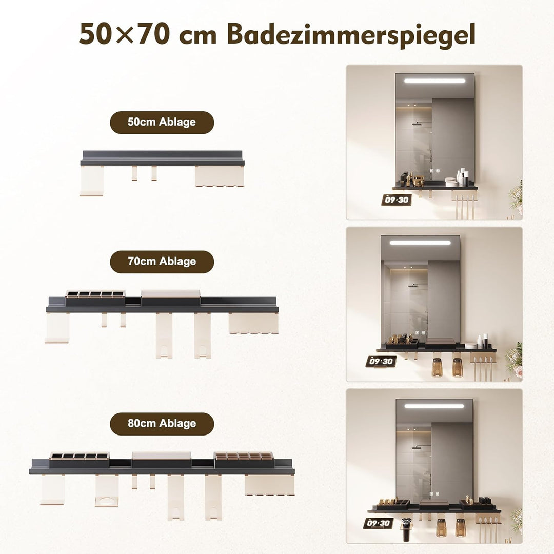 SONNI LED Badspiegel 50x70 cm, LED Wandspiegel mit Ablage 50 cm, 3 einstellbare Lichtfarben, Anti-Be