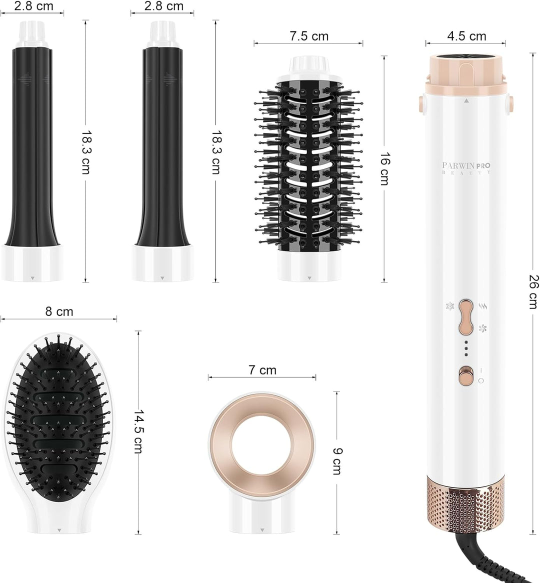 5-in-1 Airstyler & Lockenstab, PARWIN PRO BEAUTY Ionen Föhn Stylingbürsten, 5 Aufsätze Rundbürstenfö