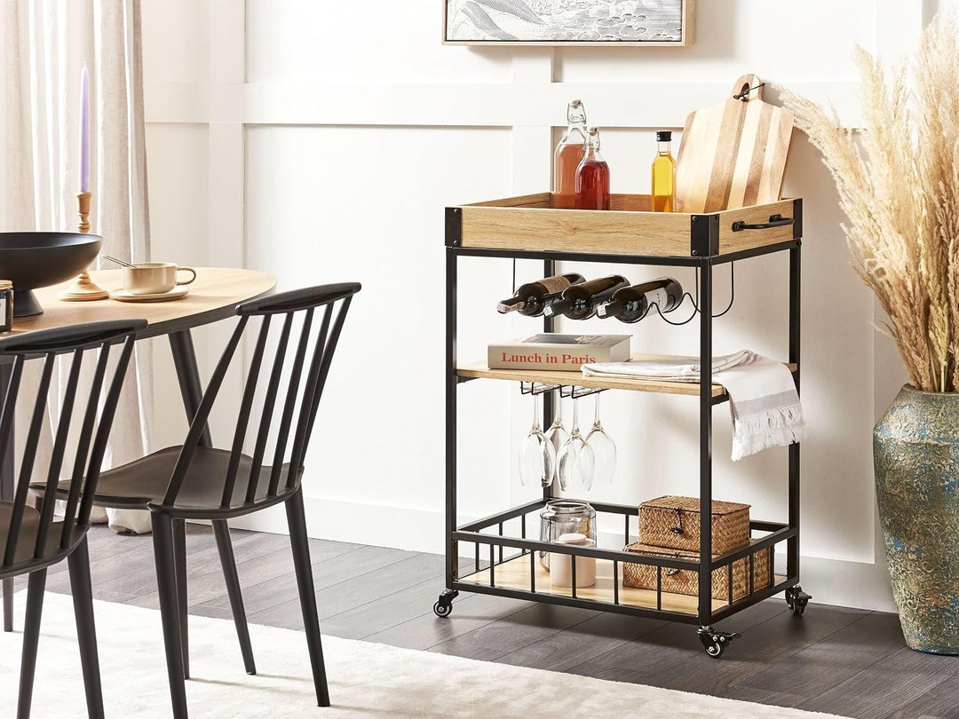 Beliani Servierwagen Heller Holzfarbton Metall schwarz mit Weinregal Glashalter Hullet