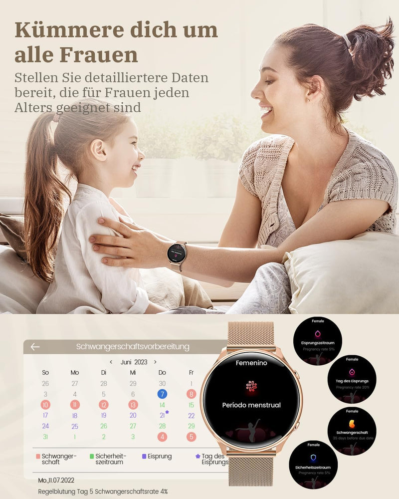 RUXINGX Smartwatch Damen mit Telefonfunktion, HD Voll Touchscreen, Fitness Tracker mit 120 Sportmodi