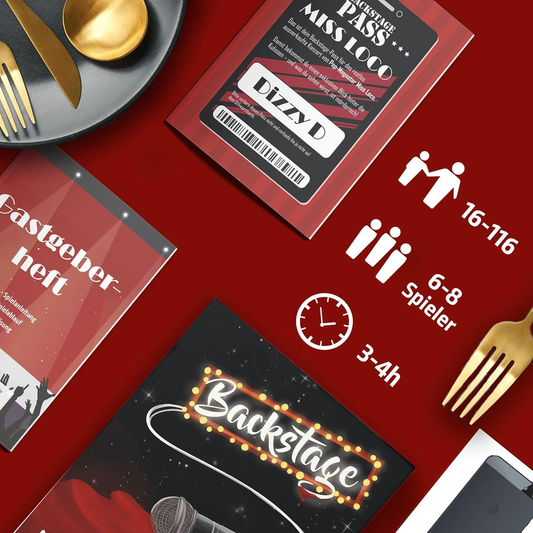Mord bei Tisch Krimidinner für Zuhause - 6 bis 8 Personen - Der Backstage Fall - Das Krimi Spiel ab