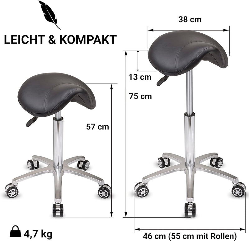 Staboos Rollhocker bis 160 kg - Sattelsitz mit Gel Polster - Praxishocker mit Rollen - Drehhocker hö