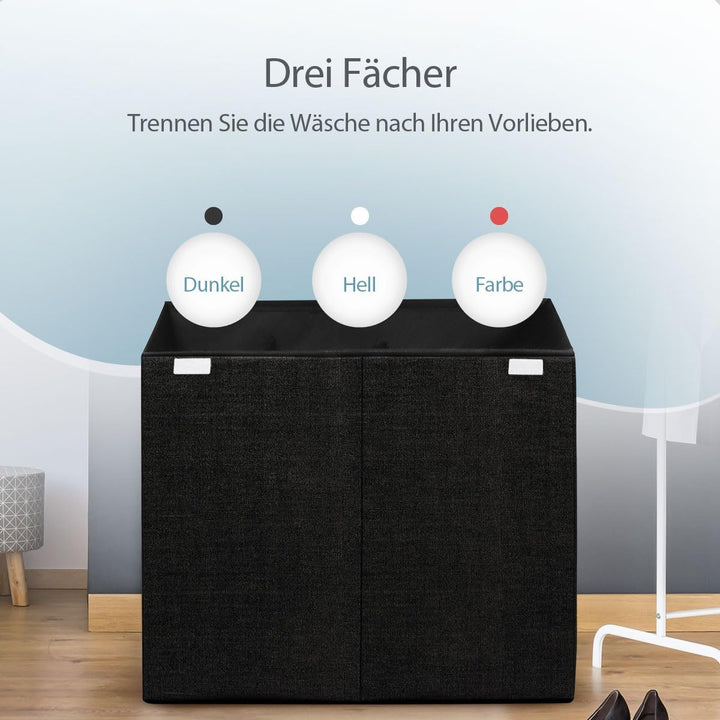 Wäschekorb – 3 Fächer mit Deckel – Faltbar – Wäschekorb – Doppelwäschekorb – Wäschekorb – Wäschebox