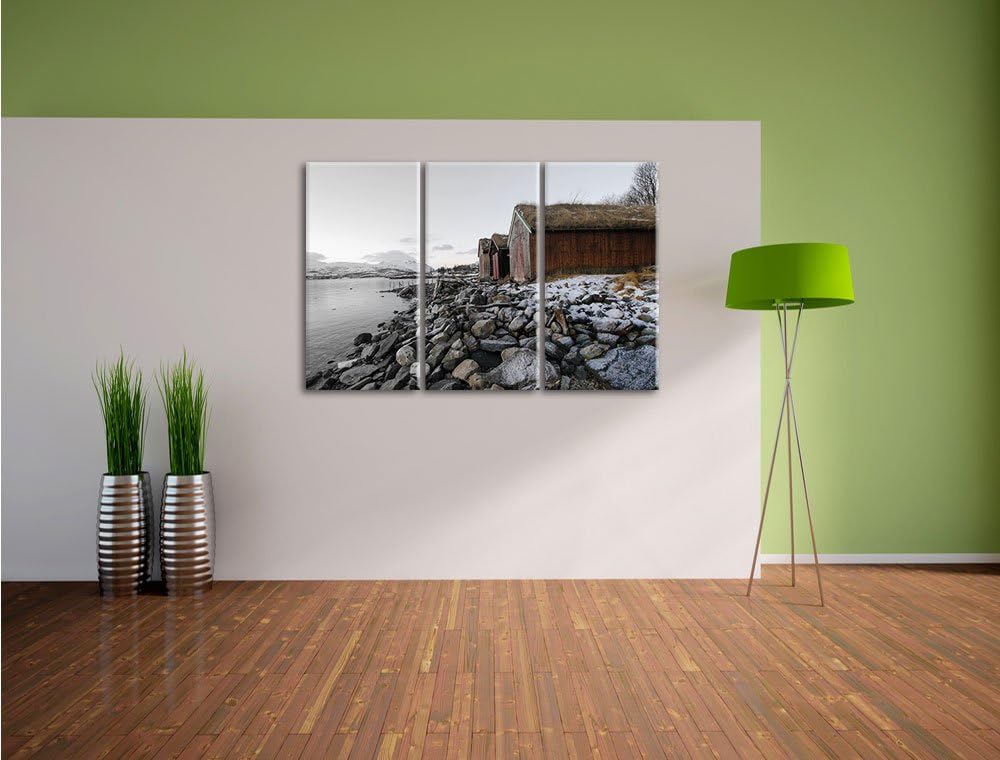 Pixxprint Küste der norwegischen See Tromso / 3-Teilig/Gesamtmass 120cm Leinwandbild bespannt auf Ho