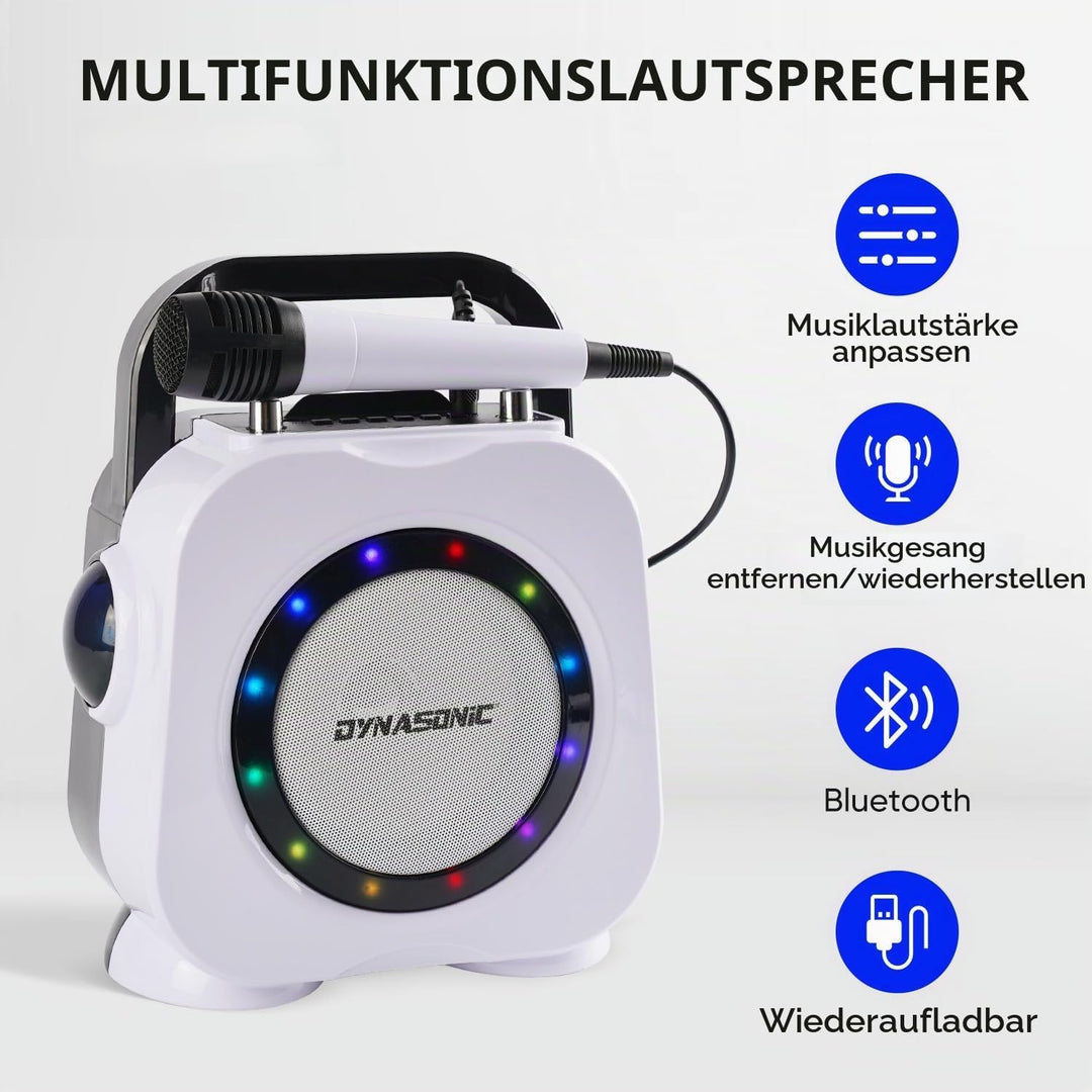 DYNASONISCH. Kabelloser Bluetooth-Lautsprecher mit LED-Leuchten. Tragbare Karaokemaschine mit Zwei M