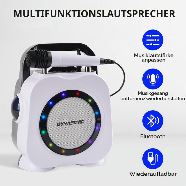 DYNASONISCH. Kabelloser Bluetooth-Lautsprecher mit LED-Leuchten. Tragbare Karaokemaschine mit Zwei M