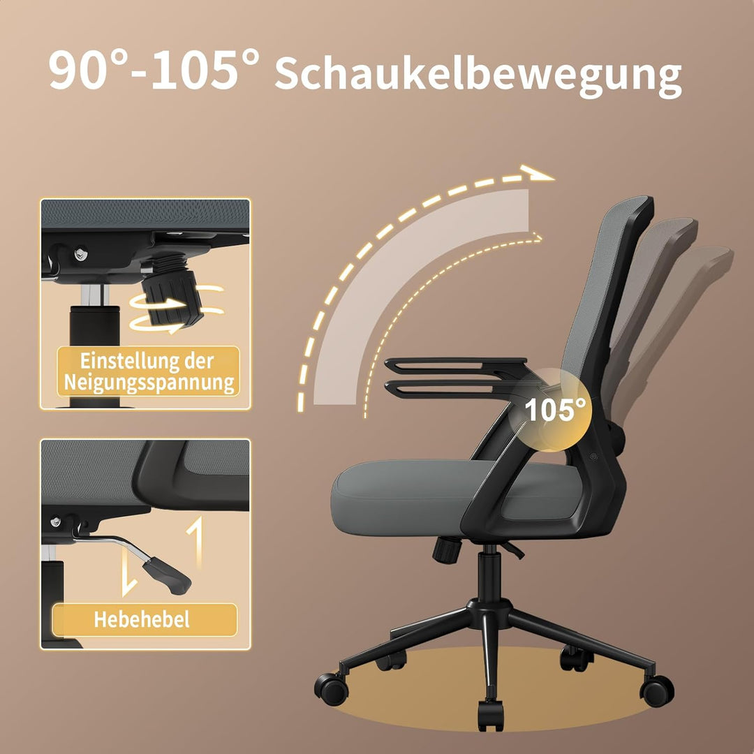 naspaluro Bürostuhl mit Hochklappbare Armlehnen, Schreibtischstuhl Ergonomisch, Drehstuhl mit Netzbe