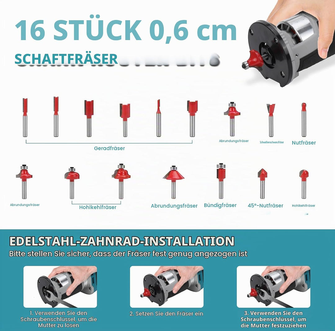 Akku Oberfräse kompatibel mit Makita 18V Akku, 800W Bürstenlose Kantenfräser mit 6 Geschwindigkeiten