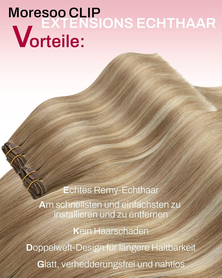 Moresoo Ombre Echthaar Extensions Clip Braun Remy Haarextension Echthaar Clip Hellbraun mit Goldblon
