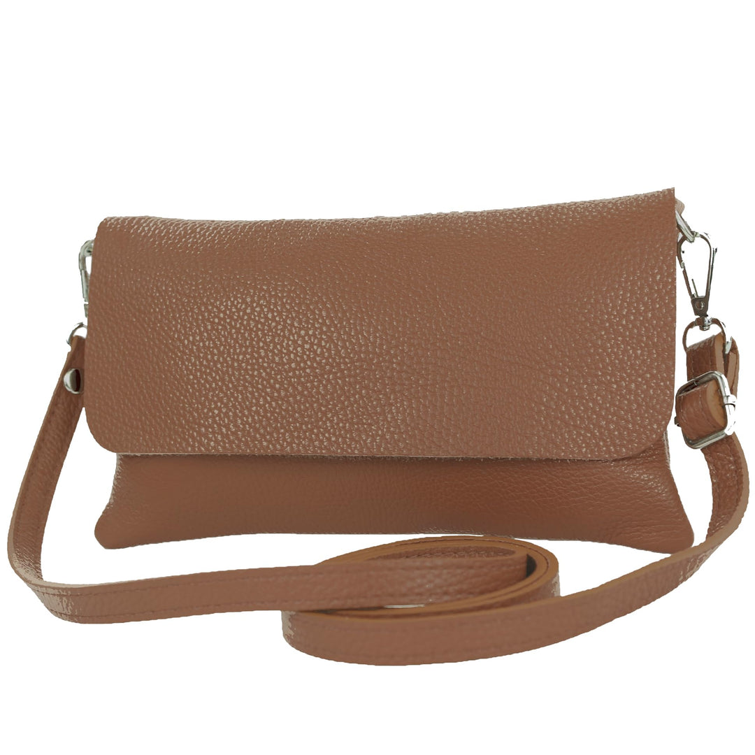 modamoda de - T226 - ital. Leder Clutch Umhängetasche Klein Small Dunkelcamel, Dunkelcamel