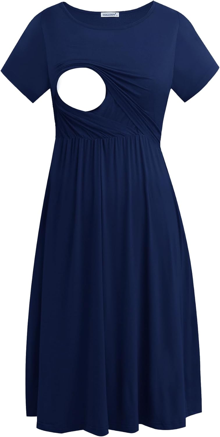 Smallshow Damen Lässiges Kurzarm Stillkleid Umstandskleid für Stillen, Marine M