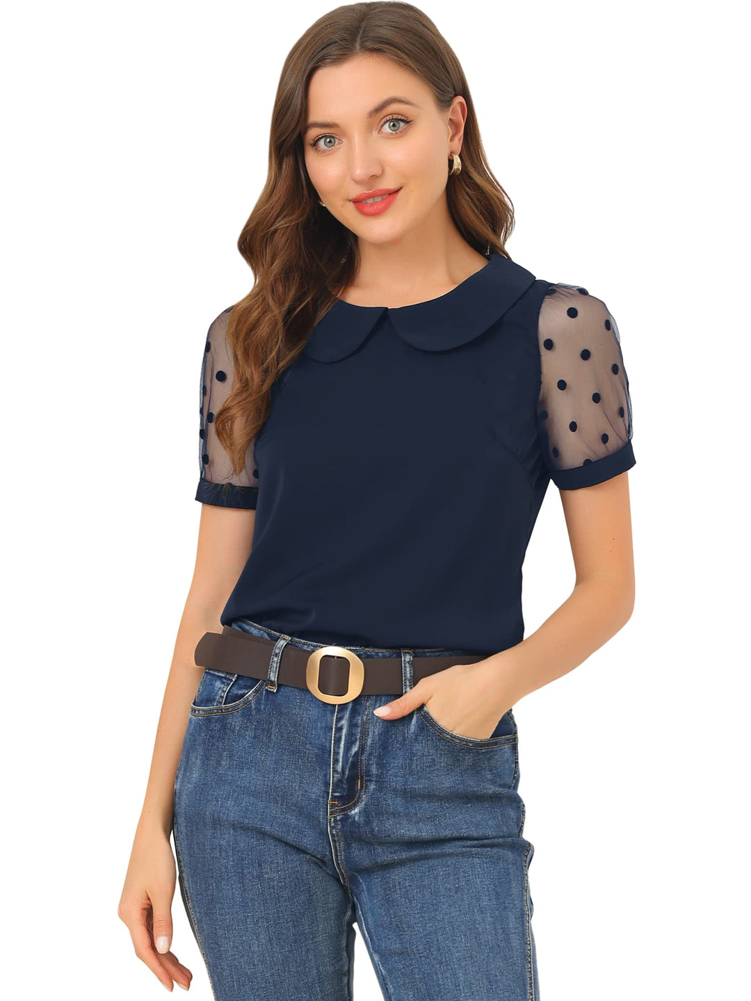 Allegra K Damen Puffärmel Vintage Bubikragen Oberteil Mesh Polka Punkte Top Bluse L Navy Blau, L Nav