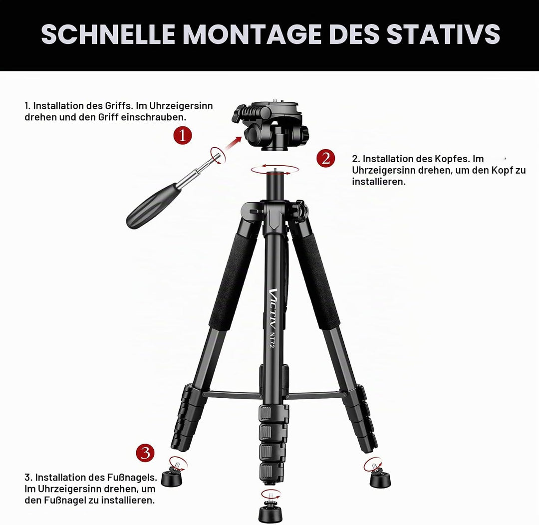 Victiv stativ Kamera 182 cm Aluminium Kamerastativ Einbeinstativ T72 Tripod- Leicht und Kompakt Reis