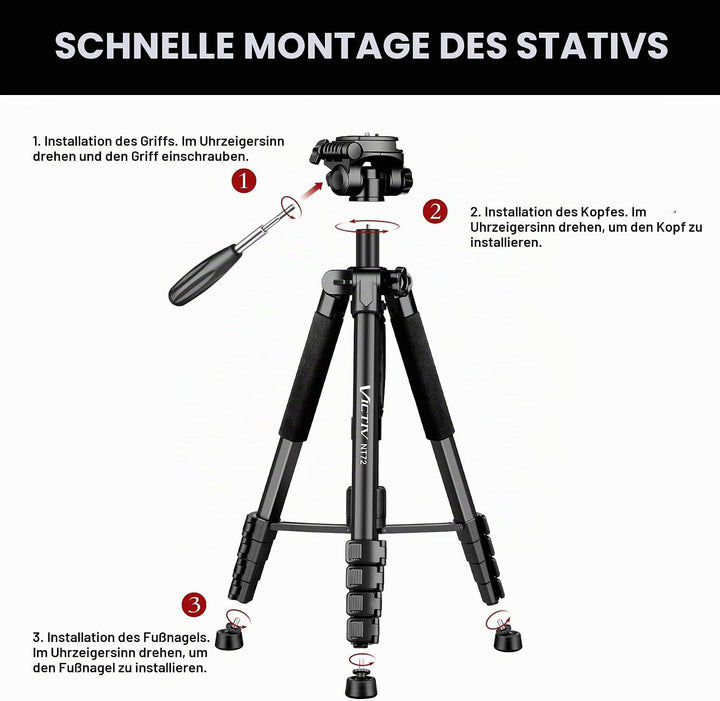 Victiv stativ Kamera 182 cm Aluminium Kamerastativ Einbeinstativ T72 Tripod- Leicht und Kompakt Reis