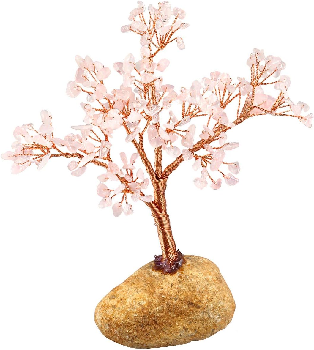 KYEYGWO Geld-Baum eingewickelt auf Steinbasis-Bonsaiskulptur-Figur für gutes Glück Rosenquarz 15CM-2