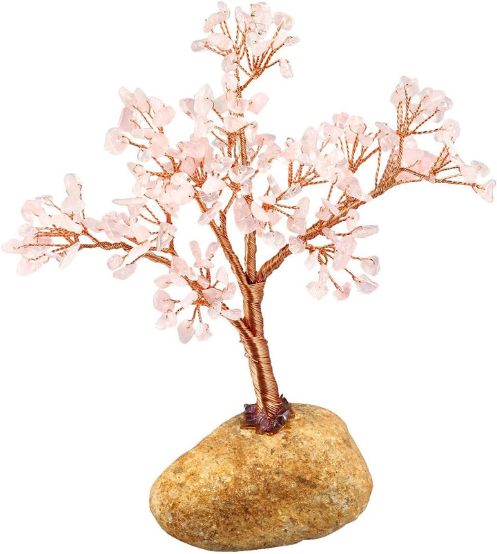 KYEYGWO Geld-Baum eingewickelt auf Steinbasis-Bonsaiskulptur-Figur für gutes Glück Rosenquarz 15CM-2