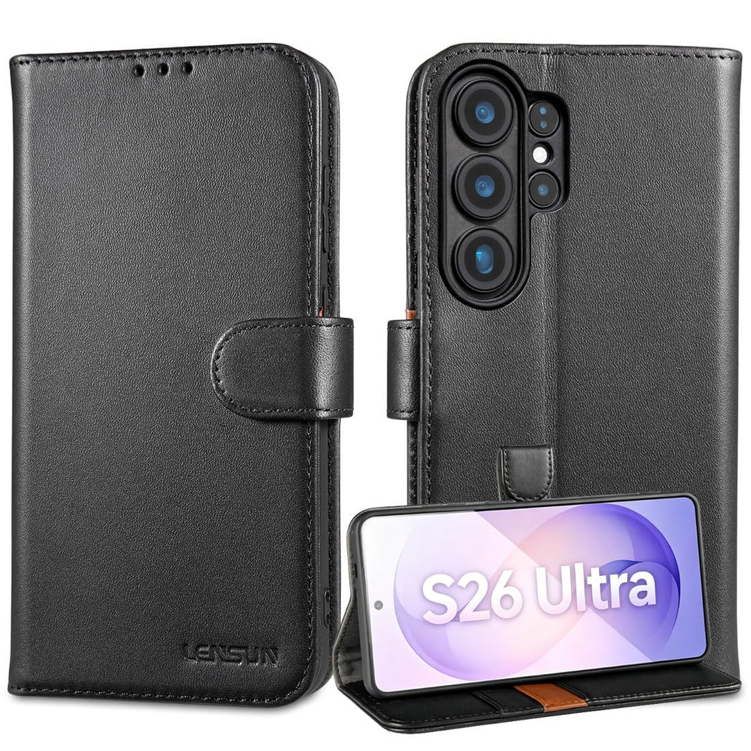 LENSUN Echtleder Hülle für Samsung Galaxy S26 Ultra, Handyhülle [Echtes Leder] [Kartenfach] [RFID Sc