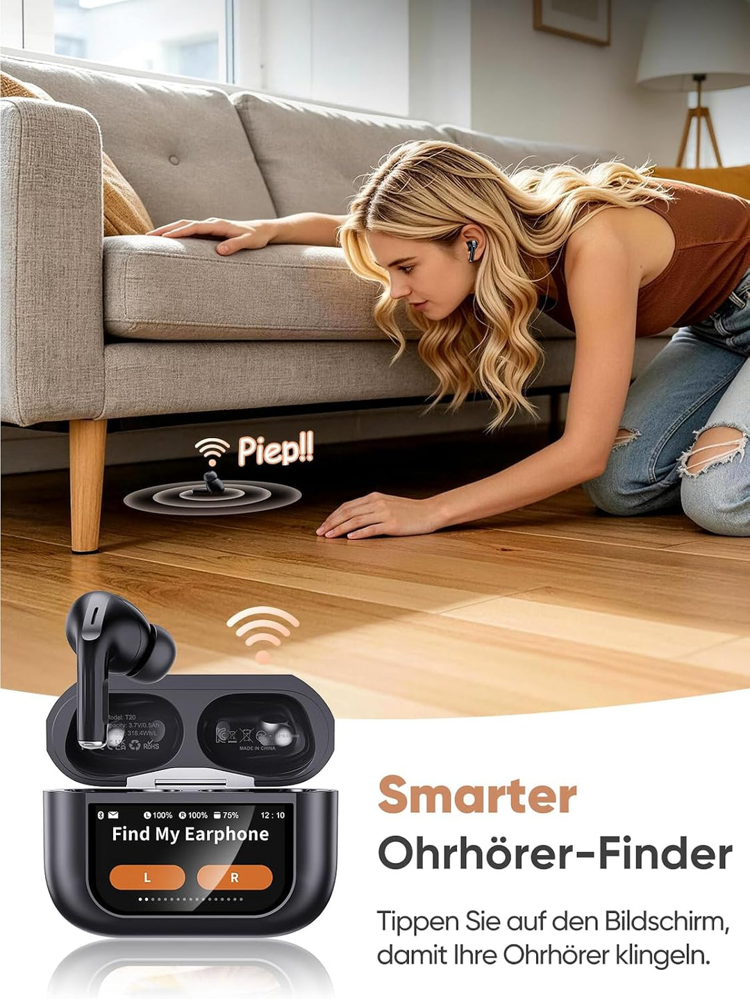 ZZU Kabellose Bluetooth Kopfhörer mit Smart Touchscreen, 48 Std. Laufzeit, Bluetooth 5.4 In-Ear Ohrh