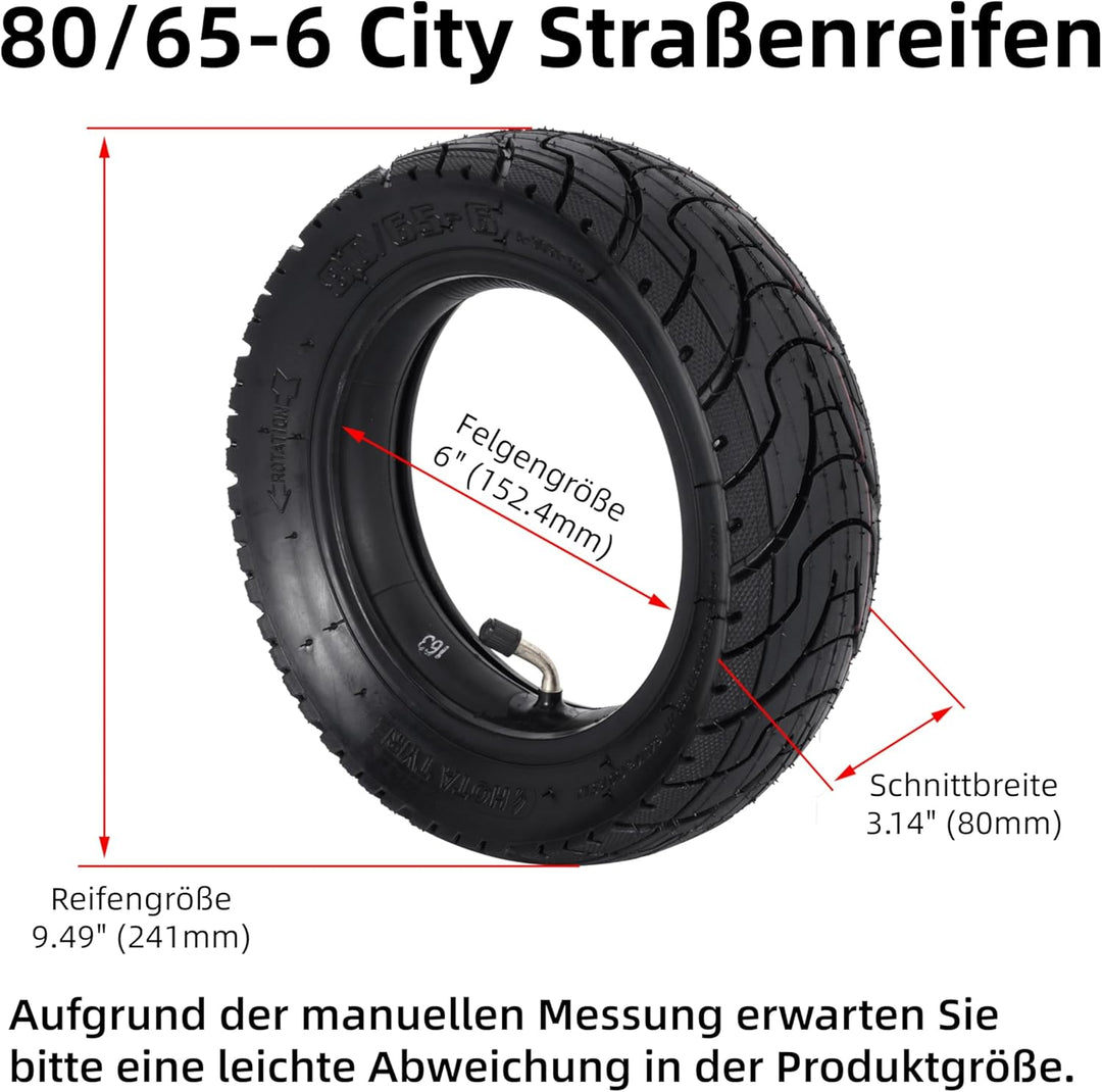 WATODAY 80/65-6 Reifen mit Schlauch, 10 x 3,0 aufblasbarer Reifen für Elektroroller, pneumatisches E