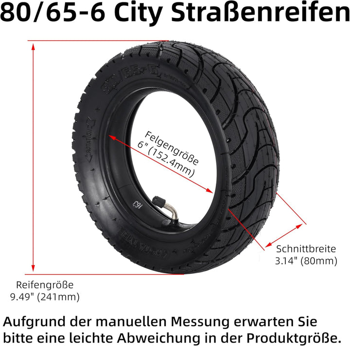 WATODAY 80/65-6 Reifen mit Schlauch, 10 x 3,0 aufblasbarer Reifen für Elektroroller, pneumatisches E