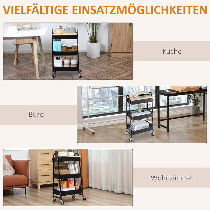 HOMCOM Servierwagen mit 3 Ebenen Küchenwagen mit Rollen Griff Küchenregal mit Korb und Deckel Rollwa