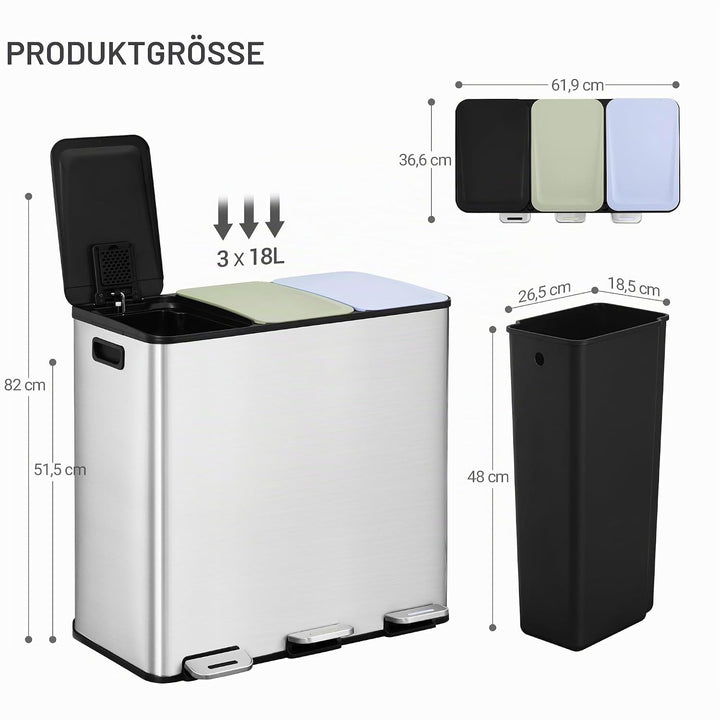 Hzuaneri Mülleimer Küche, 3 x 18 L, Mülltrennsystem 3 Fächer, Mülleimer mit Farbigem Soft-Close-Deck