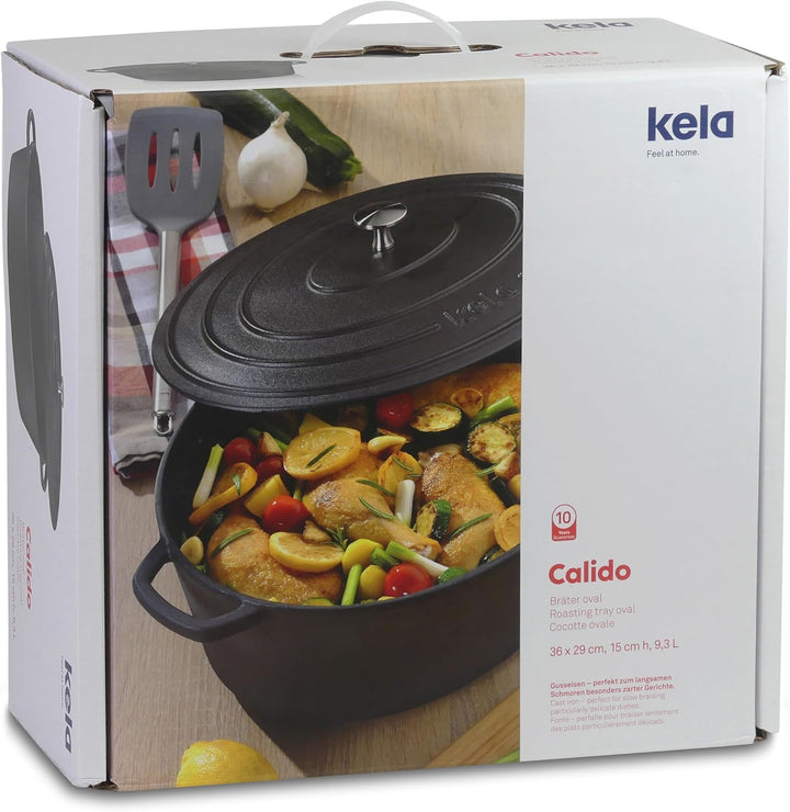 kela Bräter Gusseisen rund 3,2 Liter, Dutch Oven CALIDO, Induktion Gussbräter mit Deckel, Gusseisen