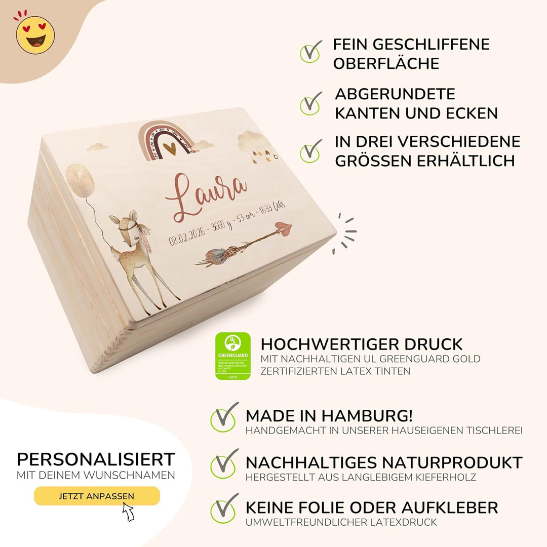 KIDSMOOD - Erinnerungsbox Baby, personalisierte Holzkiste mit Deckel, Ideal zur Aufbewahrung von Eri
