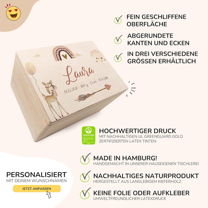 KIDSMOOD - Erinnerungsbox Baby, personalisierte Holzkiste mit Deckel, Ideal zur Aufbewahrung von Eri