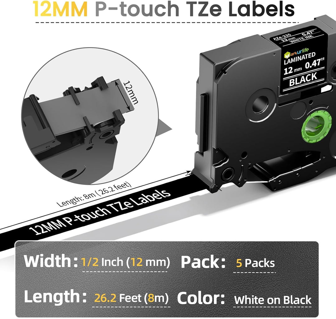 Markurlife TZe 335 TZe-335 Kompatibel mit Brother P touch Bänder Weiss auf Schwarz TZe TZ Tape 12mm