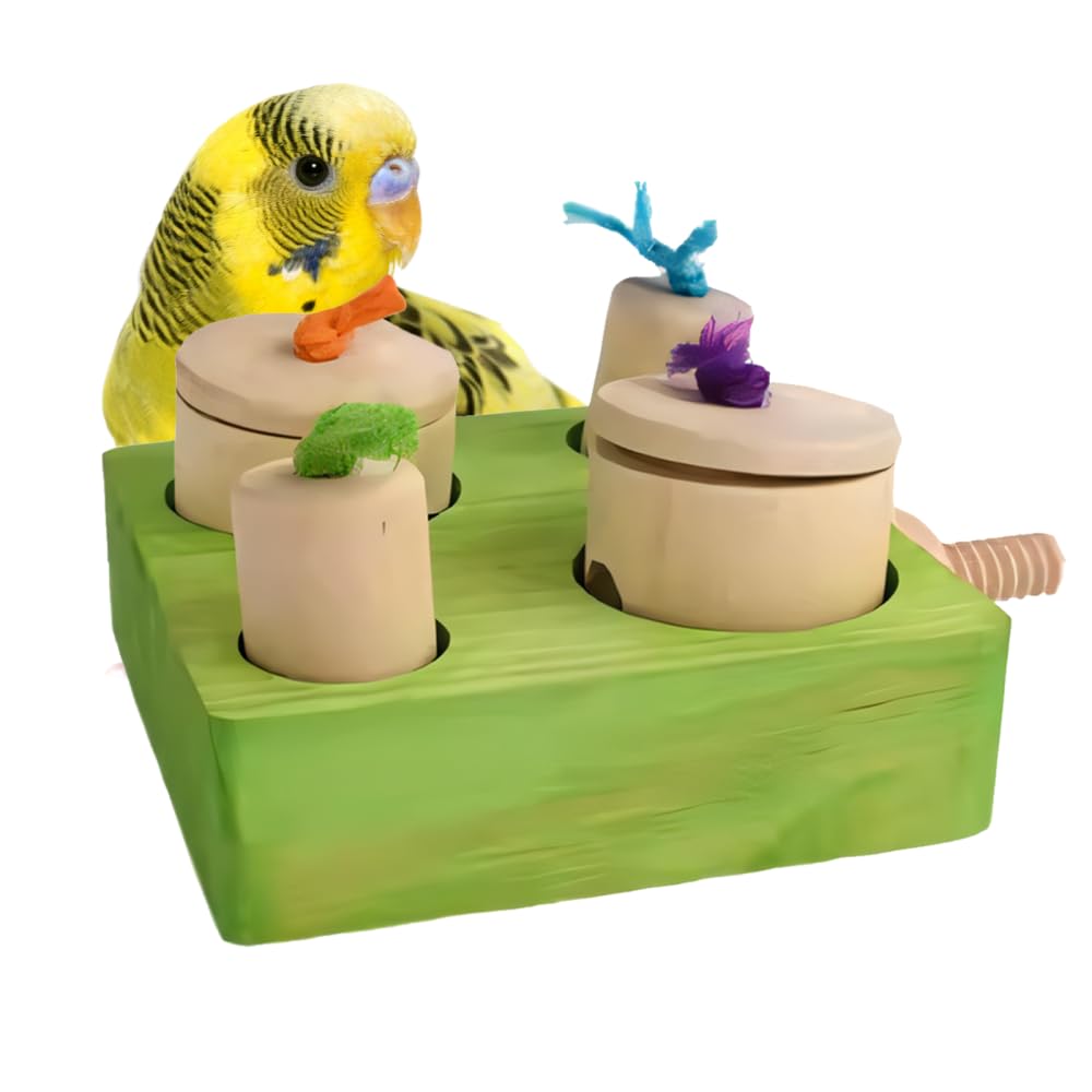 DONGKER Vogelspielzeug Holz, Sittiche Futterspielzeug mit Deckel, 12x12x3,5 cm, Vogel Lern-Trainings