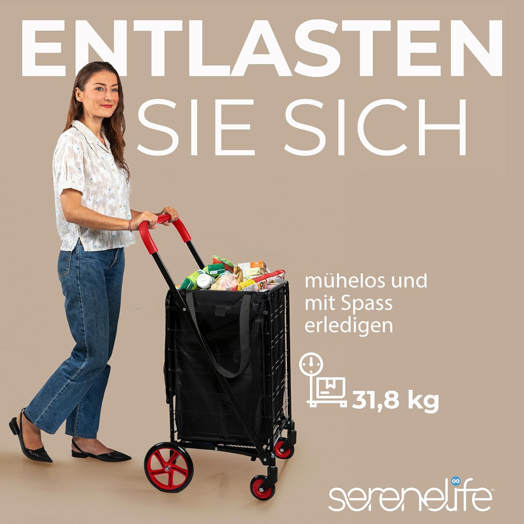 SereneLife Einkaufstrolley, Einkaufswagen, Shopping Trolley Klappbar mit 50L Kapazität, Einkaugstasc