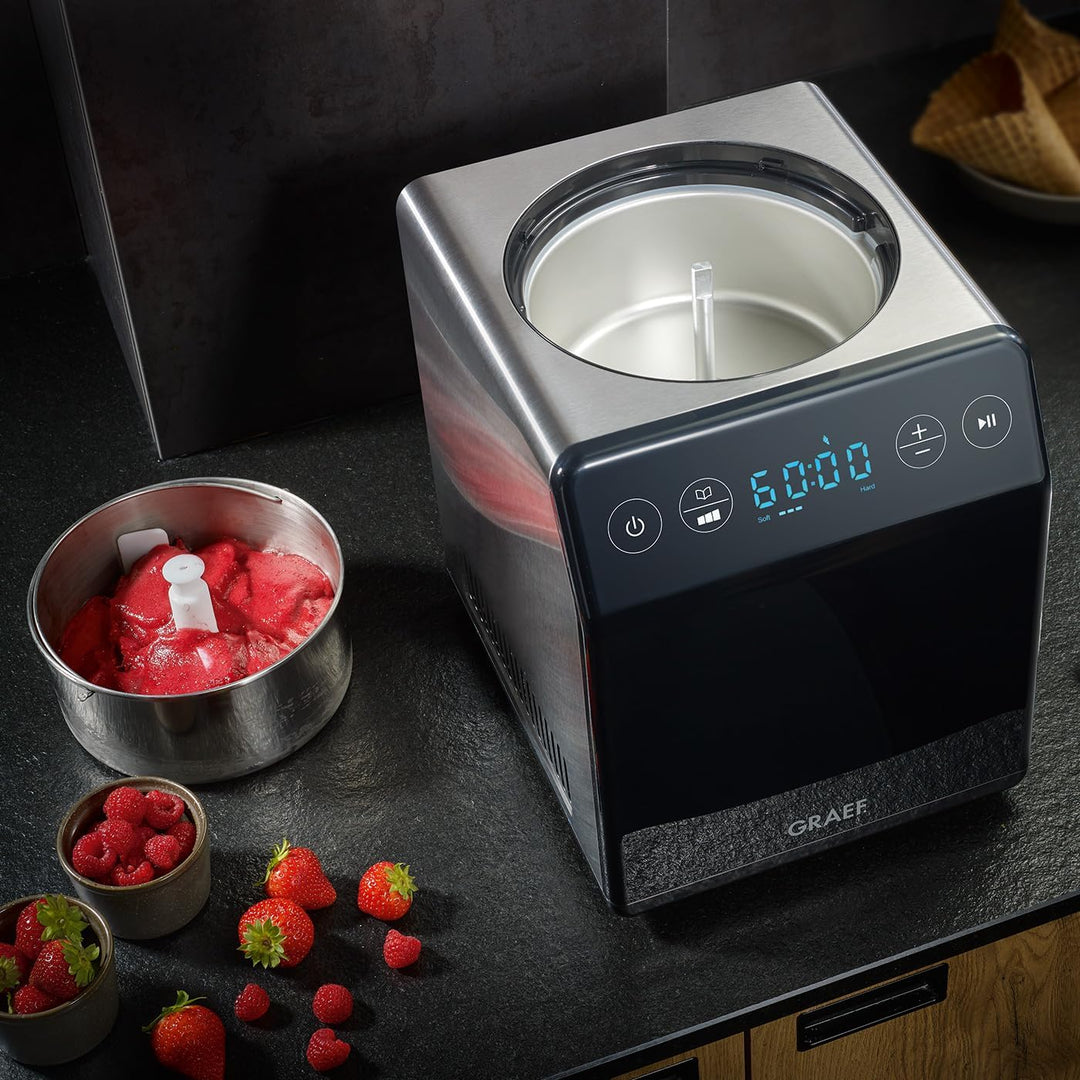 Graef Eismaschine IM700EU Edelstahl, mit Cream Control, Timer, Touch Display,Yoghurtfunktion, heraus