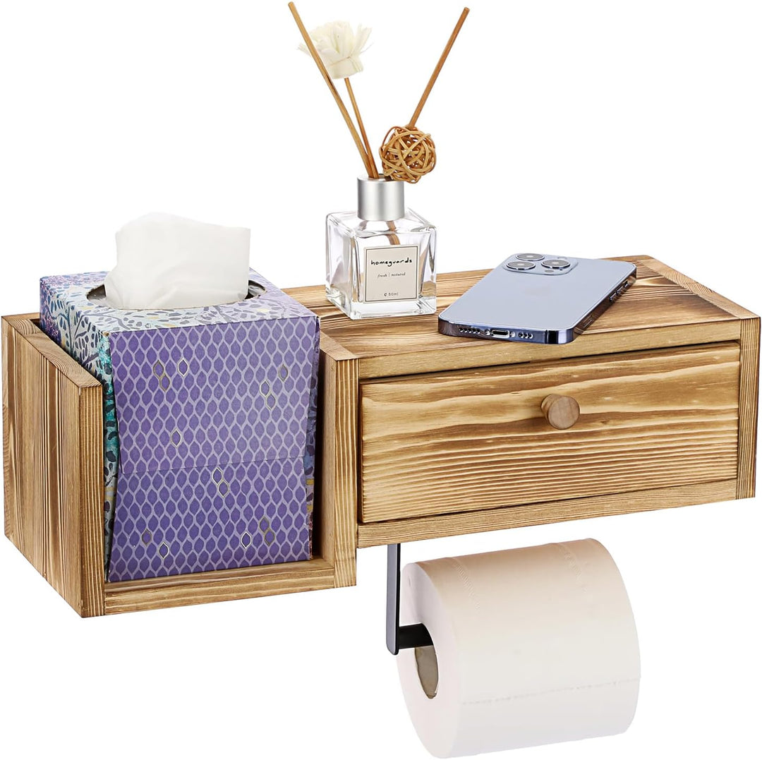 BTSKY Wandmontierter Toilettenpapierhalter aus Holz mit Regal und Schublade, Badezimmer-Toilettenpap
