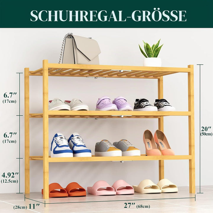 smiry Schuhregal mit 3 Ebenen, Platzsparende Schuhablage, Stapelbar Schuhorganizer, Bambus Regal für