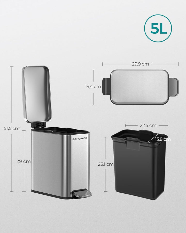 SONGMICS Kosmetikeimer, 5 Liter, Mülleimer Bad, mit Deckel, Tretmülleimer, Abfalleimer klein, schmal