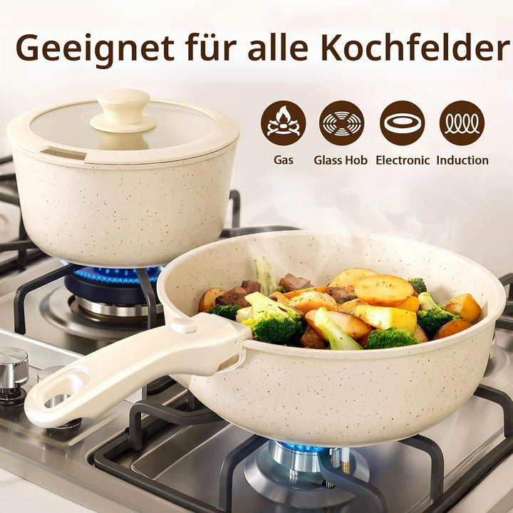 5-Teilig Topfsets &amp; Pfannenset mit abnehmbarem Griff, Keramik Antihaft Kochgeschirr Set Induktion, S