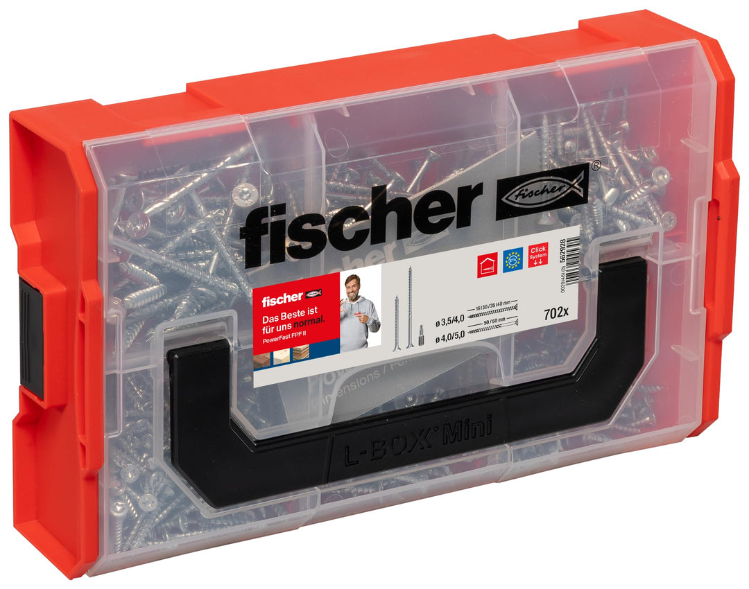 fischer FIXtainer PowerFast II Spanplattenschraube, vorsortierte Sortimentsbox mit 700 Schrauben und