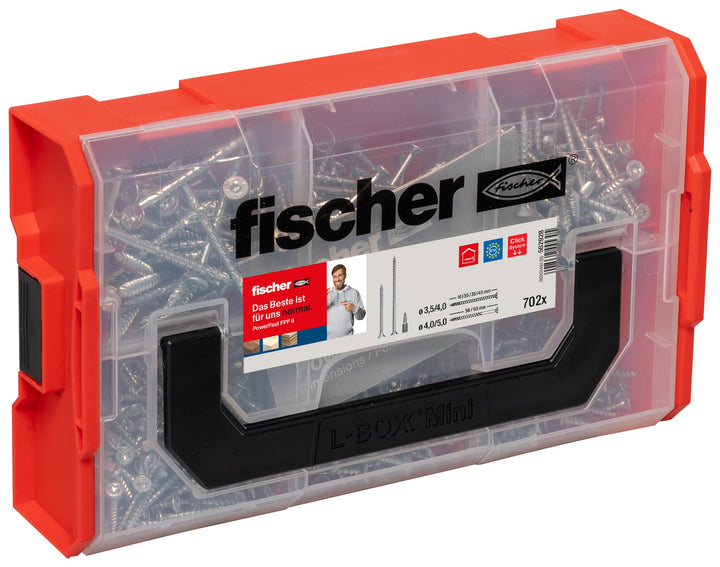 fischer FIXtainer PowerFast II Spanplattenschraube, vorsortierte Sortimentsbox mit 700 Schrauben und
