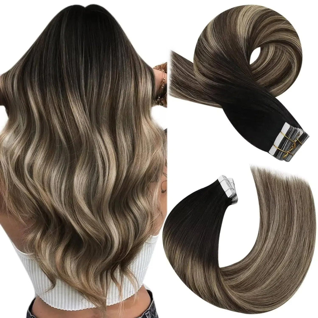 Moresoo Extensions Tape Echthaar Balayage Schwarz Remy Extensions Echthaar Tape Schwarz zu Dunkelbra