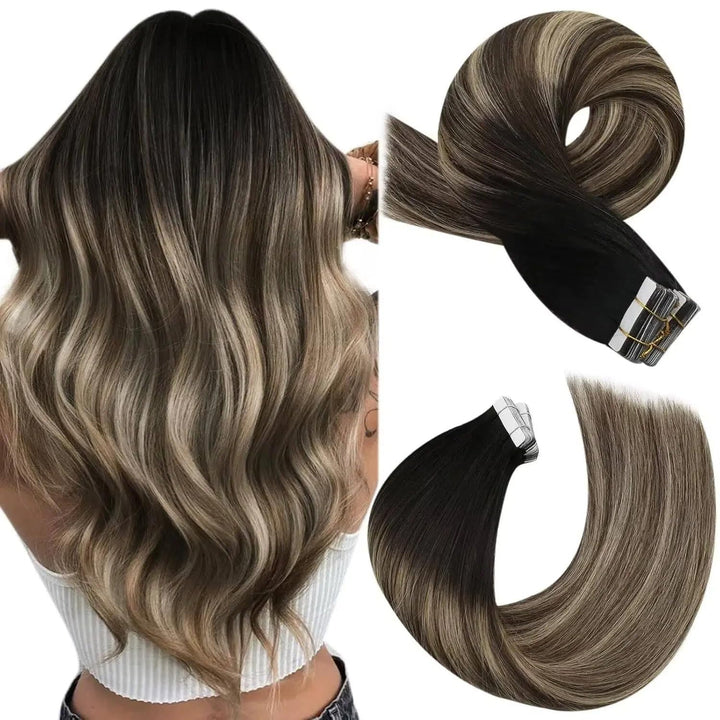 Moresoo Extensions Tape Echthaar Balayage Schwarz Remy Extensions Echthaar Tape Schwarz zu Dunkelbra