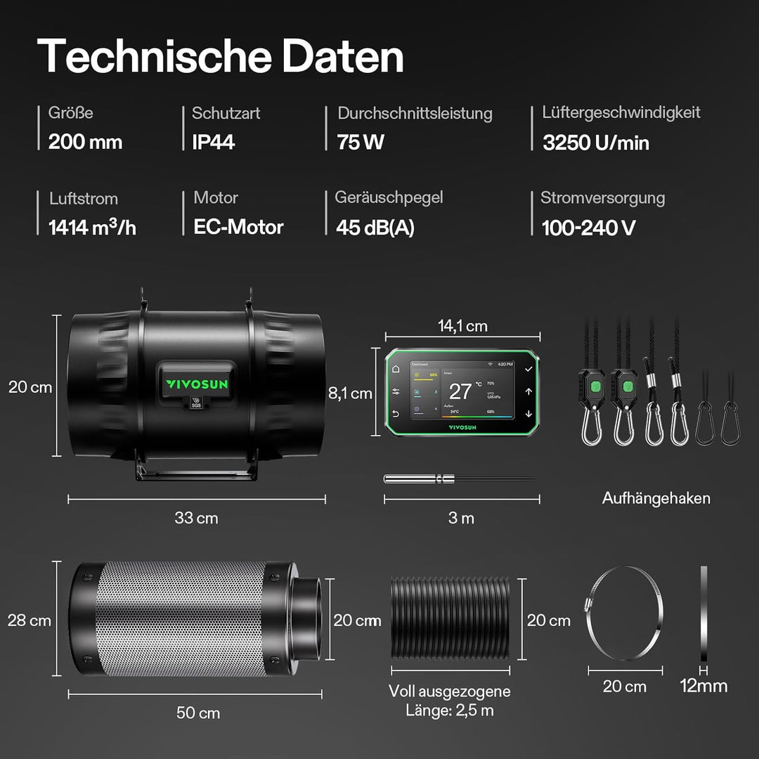 VIVOSUN Abluftset Pro Rohrventilator 200mm AeroZesh T8 Abluftventilator mit GrowHub E42A+, VPD-, Tem