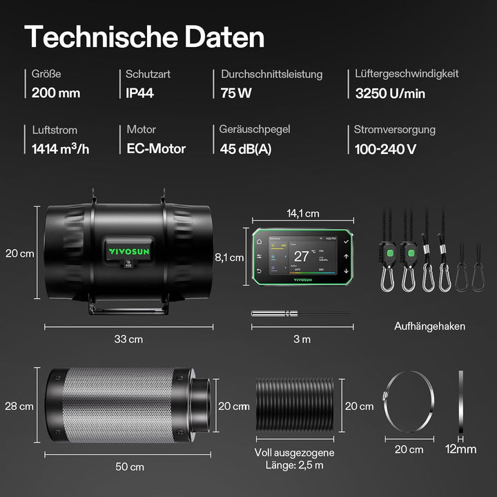 VIVOSUN Abluftset Pro Rohrventilator 200mm AeroZesh T8 Abluftventilator mit GrowHub E42A+, VPD-, Tem