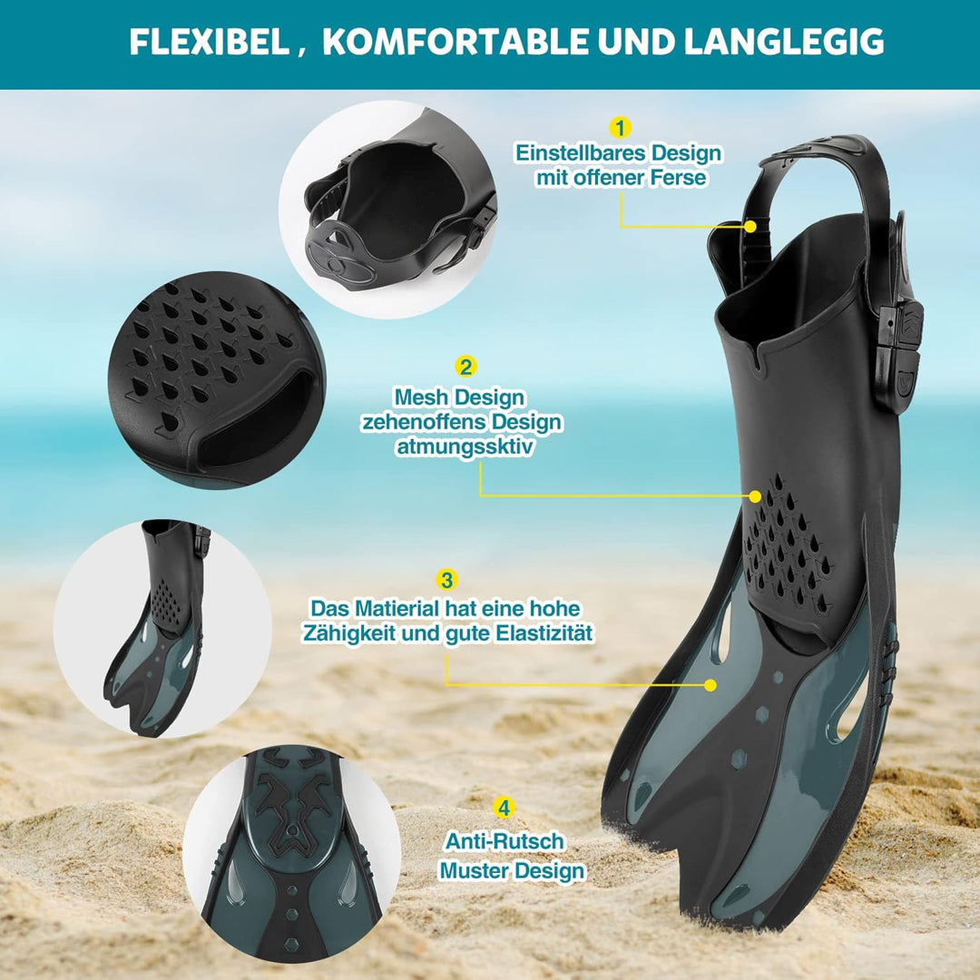 Schnorchelset Erwachsene mit Flossen, Anti-Fog Panorama-Weitblick Taucherbrille, Premium Dry Schnorc